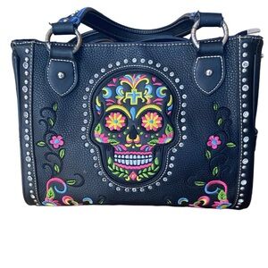 American Bling Embroidered Skull Design Black Handbag